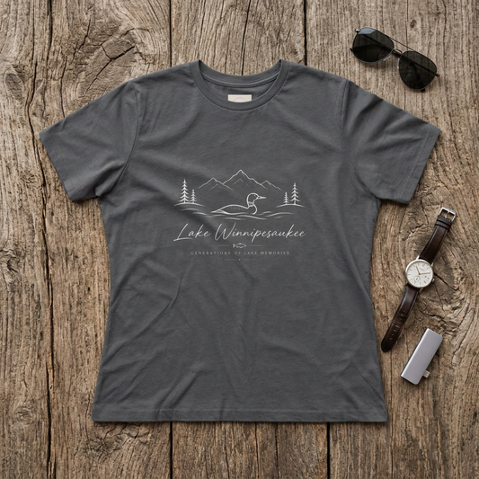 Lake Winnipesaukee Graphic Tee — Women's Scenic Duck & Mountains T-Shirt