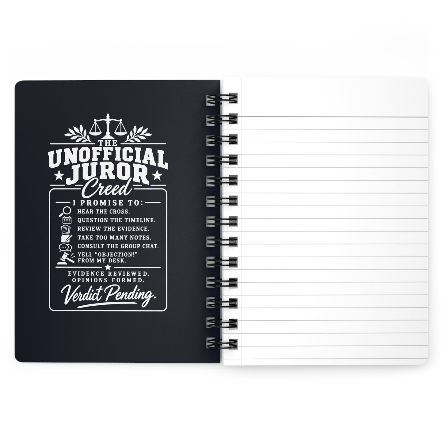 Unofficial Juror Spiral Notebook — Scales of Justice Journal (Evidence Reviewed, Verdict Pending)