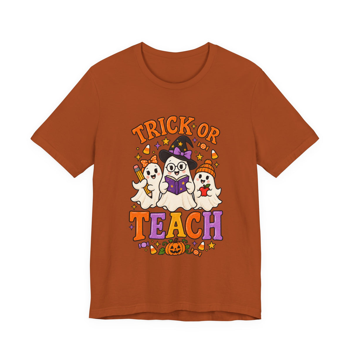 Trick or Teach Halloween Teacher T‑Shirt — Cute Ghosts & Owl Costume Tee