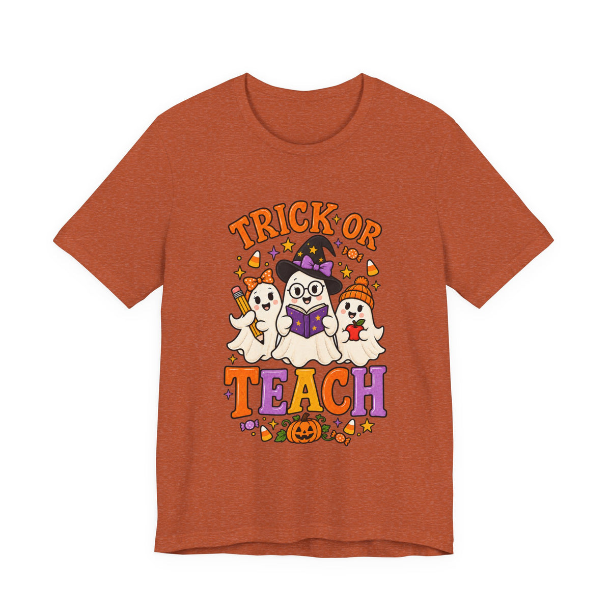 Trick or Teach Halloween Teacher T‑Shirt — Cute Ghosts & Owl Costume Tee