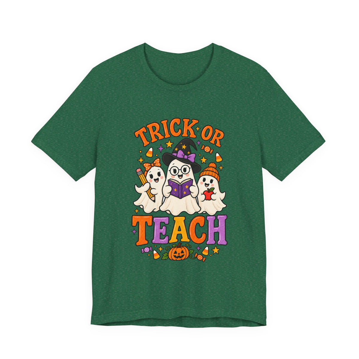 Trick or Teach Halloween Teacher T‑Shirt — Cute Ghosts & Owl Costume Tee