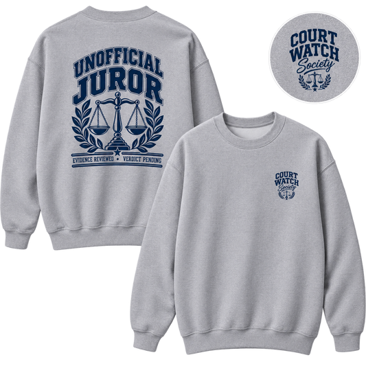 Unofficial Juror Crewneck Sweatshirt — Scales & "Unofficial Juror" Courtroom Graphic