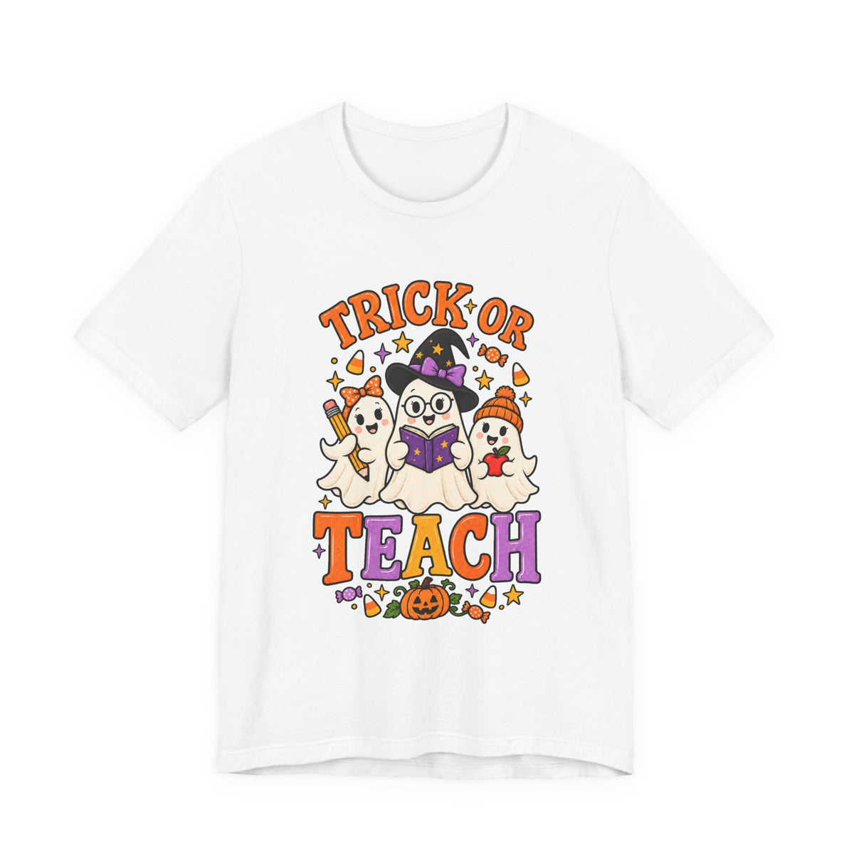 Trick or Teach Halloween Teacher T‑Shirt — Cute Ghosts & Owl Costume Tee