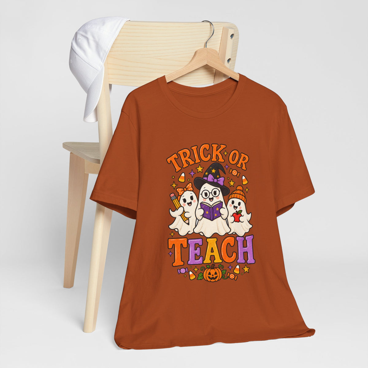 Trick or Teach Halloween Teacher T‑Shirt — Cute Ghosts & Owl Costume Tee