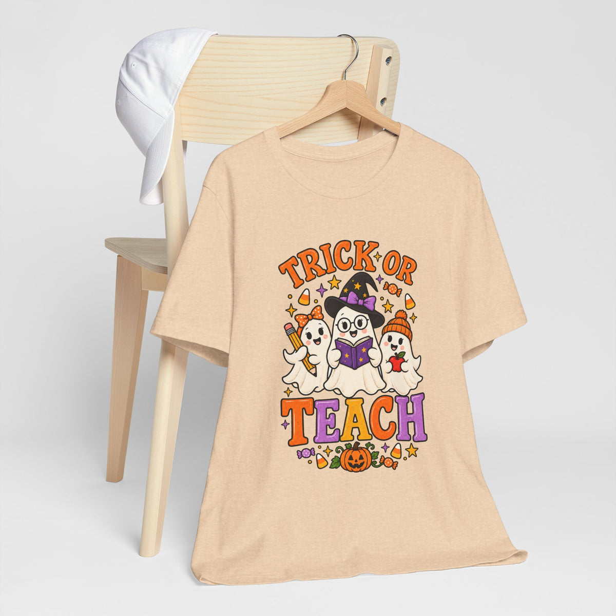 Trick or Teach Halloween Teacher T‑Shirt — Cute Ghosts & Owl Costume Tee