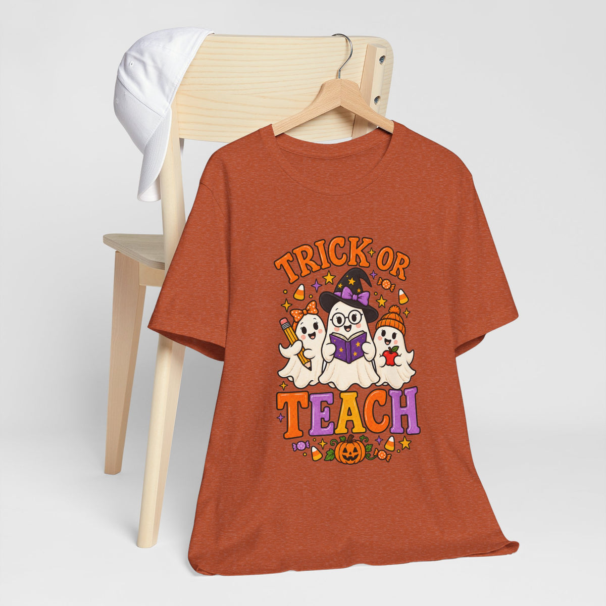 Trick or Teach Halloween Teacher T‑Shirt — Cute Ghosts & Owl Costume Tee