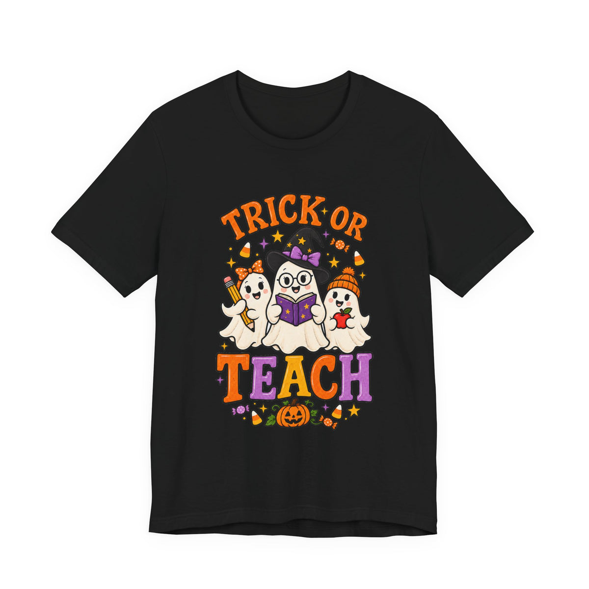 Trick or Teach Halloween Teacher T‑Shirt — Cute Ghosts & Owl Costume Tee