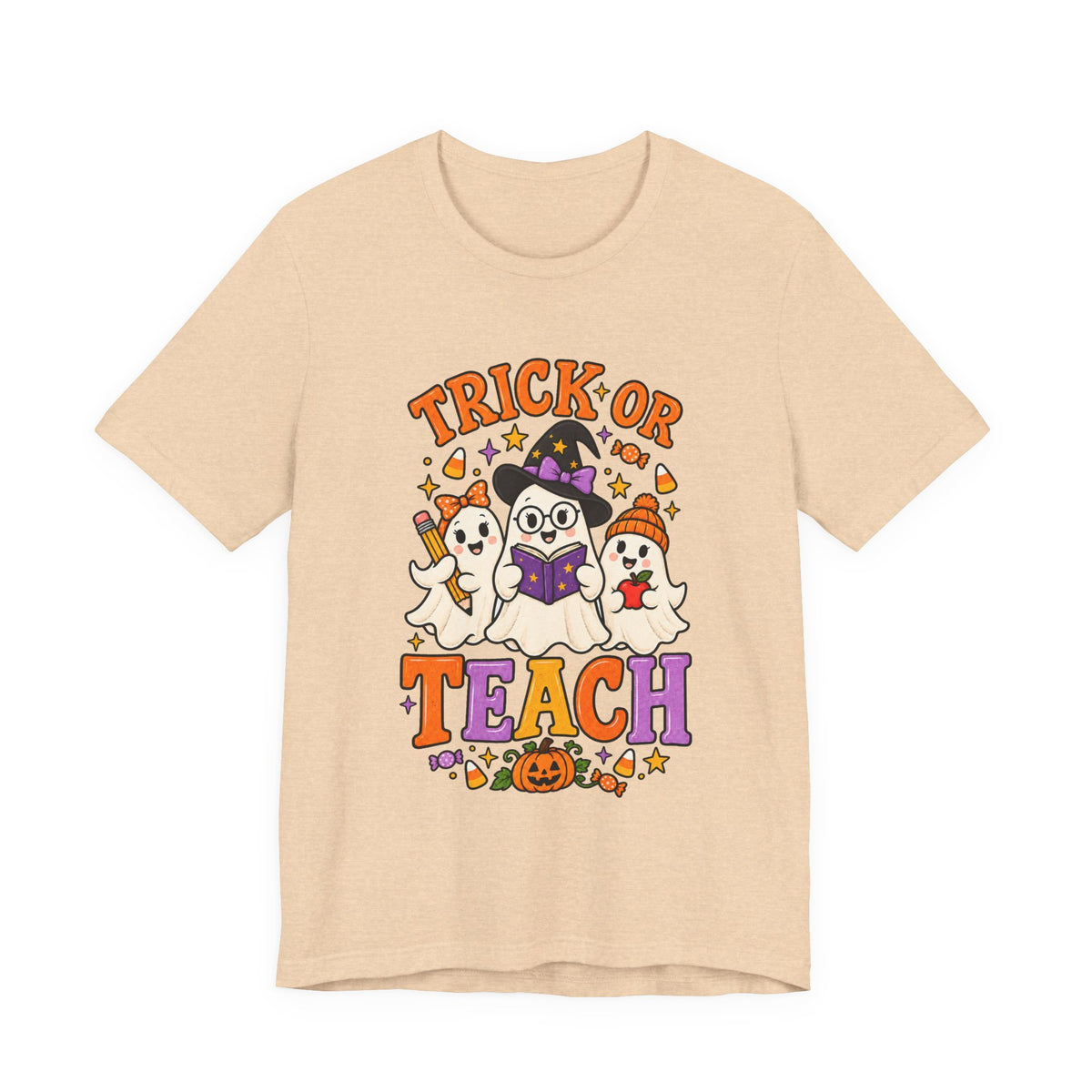 Trick or Teach Halloween Teacher T‑Shirt — Cute Ghosts & Owl Costume Tee