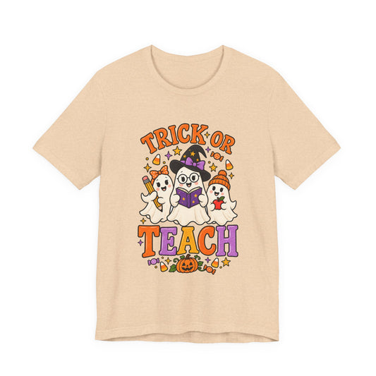 Trick or Teach Halloween Teacher T‑Shirt — Cute Ghosts & Owl Costume Tee
